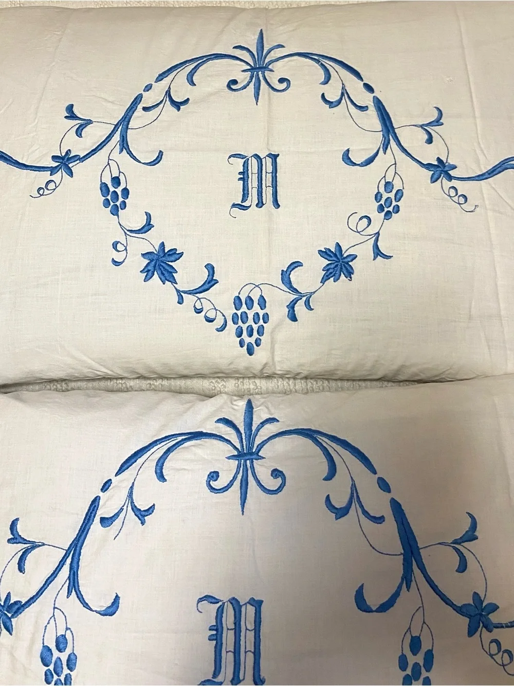 Vintage Cream Pillowcases with Blue Vine Monogram - Vintage